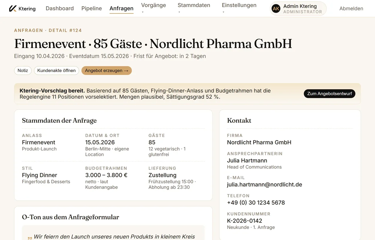 Catering-Anfrage in Ktering mit automatischer Catering-Kalkulation und Mengenvorschlag