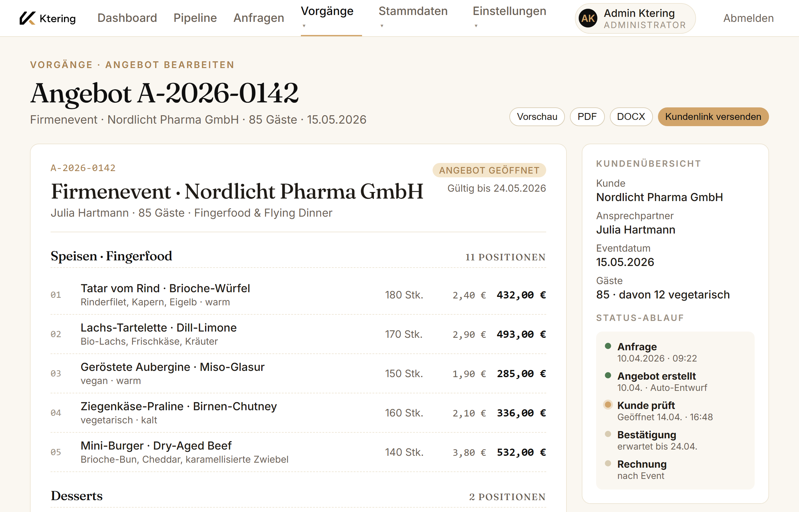 Catering-Angebot bearbeiten im Ktering-Editor mit Steuerlogik und Versionierung